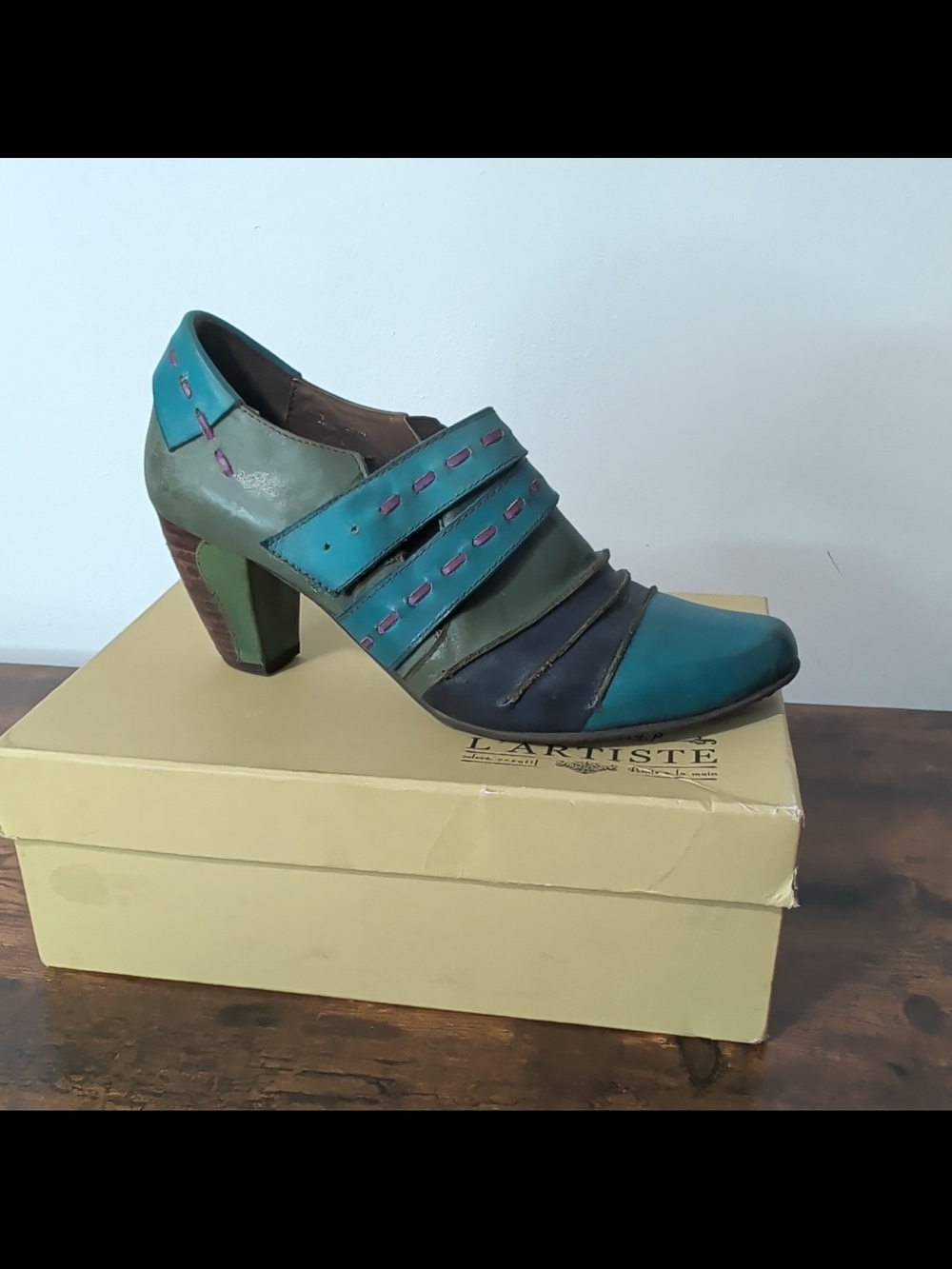 Spring Step Teal & Olive Leather Strap Block Heel